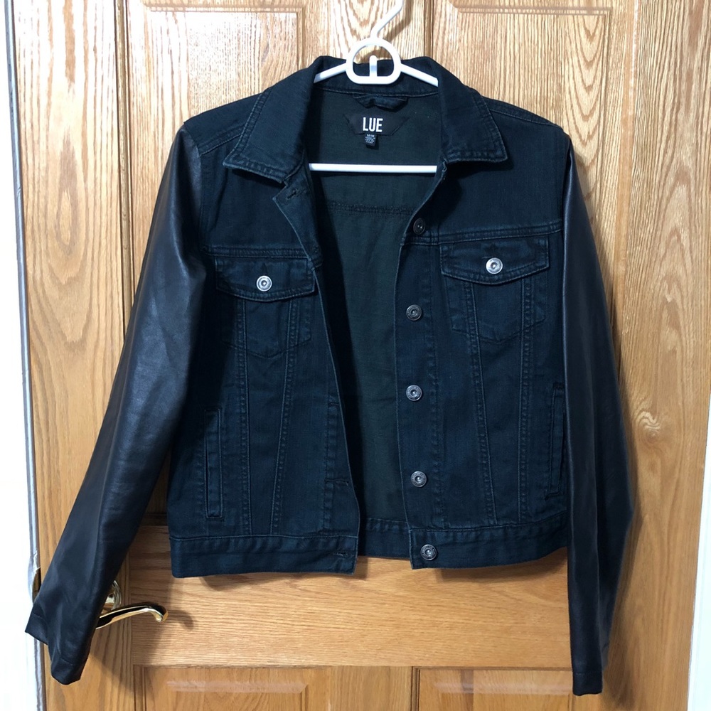 Black Denim Jacket with Faux Leather sleeves